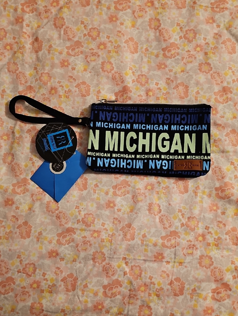 Michigan Wristlet Pouch in Black, Blue and Neon Yellow-Green